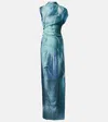 Jean Paul Gaultier Printed Long Sleeveless Satin Dress With Cuffling Detail On The Back Clothing In Blue