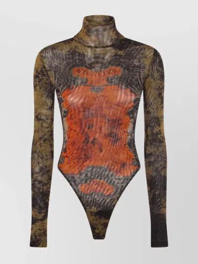Jean Paul Gaultier Printed High Neck Long Sleeve Jumpsuit In Brown