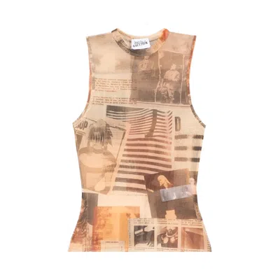 Pre-owned Jean Paul Gaultier Printed Journal Mesh Tank Top 'ecru/light Grey/red' | Women's Size M In Brown