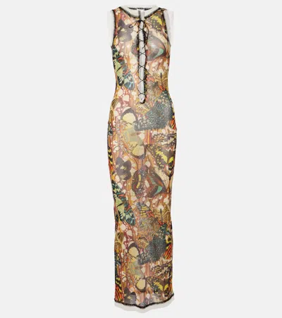 Jean Paul Gaultier Printed Lace-trimmed Mesh Maxi Dress In Yellow/multicolor