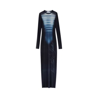 Pre-owned Jean Paul Gaultier Printed Le Mâle Mesh Long Dress 'navy/light Blue/white' | Women's Size M