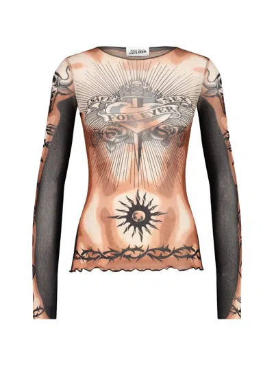 Jean Paul Gaultier Tattoo-inspired Sheer Long-sleeved Top With Bold Motifs In Brown
