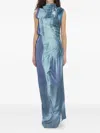 Jean Paul Gaultier Printed Long Sleeveless Satin Dress With Cuffling Detail On The Back In Blue
