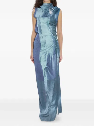 Jean Paul Gaultier Printed Long Sleeveless Satin Dress With Cuffling Detail On The Back Clothing In Blue