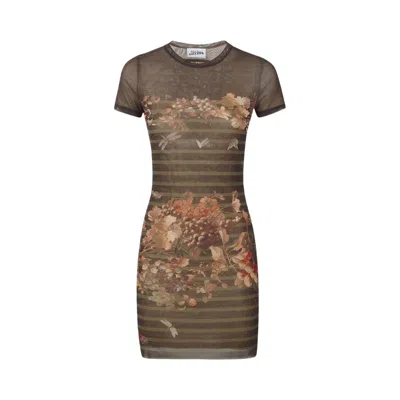 Pre-owned Jean Paul Gaultier Printed Marinière Grape Mesh Short Dress 'khaki/multicolor' | Multi-color | Women
