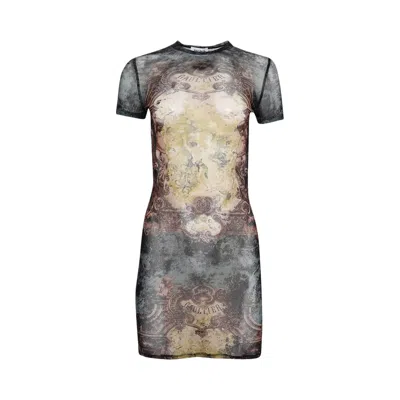 Pre-owned Jean Paul Gaultier Printed Médaillon Mesh Short Dress 'black/vintage Blue/green' | Women's Size Xs