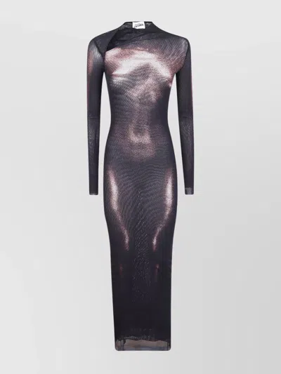 JEAN PAUL GAULTIER PRINTED MESH ASYMETRIC COLLAR LONG DRESS