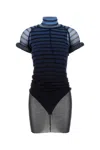 Jean Paul Gaultier Sheer Striped Mesh Dress With Short Sleeves In Blue