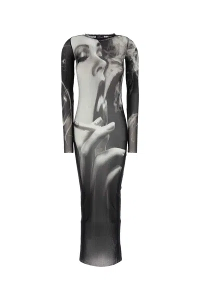 Jean Paul Gaultier Printed Mesh Long Dress With Smoking-inspired Detail In Animal Print