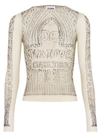 Jean Paul Gaultier Printed Pull Je T'ame Top Woman Beige In Polyamide In Neutral