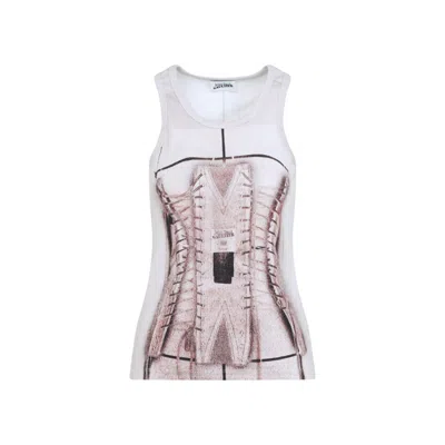 Jean Paul Gaultier Cotton Ribbed Tank Top Printed ''trompe L'ceil Corset'' In Pink