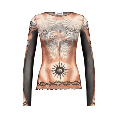 Pre-owned Jean Paul Gaultier Printed Safe Sex Tattoo Long-sleeve Crew Neck Top 'nude/brown/black' | Tan | Wome