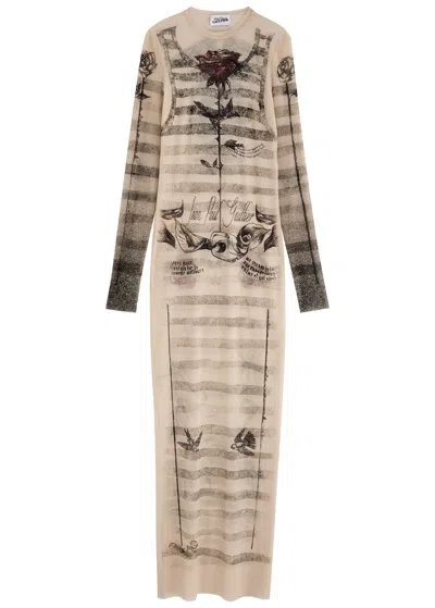 Jean Paul Gaultier Printed Mesh Maxi Dress In Ecru