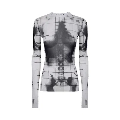 Pre-owned Jean Paul Gaultier Printed Squeletor Mesh Long-sleeve Top 'white/black' | Women's Size Xs