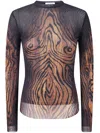 Jean Paul Gaultier Top Long Sleeves Mesh Printed Wood Woman Black And Brown In Brown