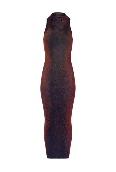 Jean Paul Gaultier High-neck Midi Dress With Snake Print In Silk And Nylon In Brown