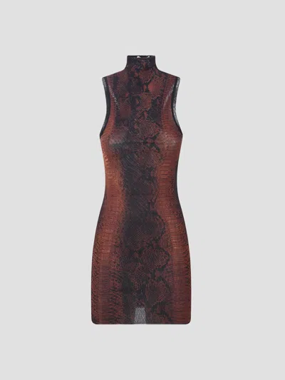 Jean Paul Gaultier Python Print Mesh High Neck Mini Dress In Brown