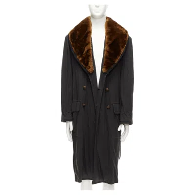 Pre-owned Jean Paul Gaultier Rare  Homme Brown Faux Fur Collar Black Cotton Belted Coat L