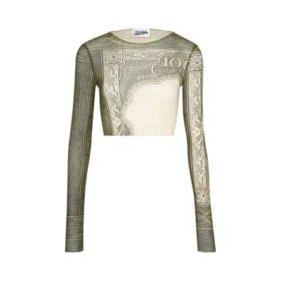 Pre-owned Jean Paul Gaultier Re-edition Crew Neck Long-sleeve Crop Top Printed Cartouche 'green/ecru/black/ora