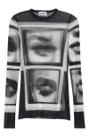 Jean Paul Gaultier Re-edition Eyes & Lips Long Sleeve Mesh Top In Black