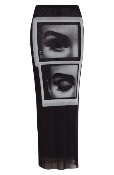 Jean Paul Gaultier Re-edition Eyes & Lips Print Mesh Maxi Skirt In Black