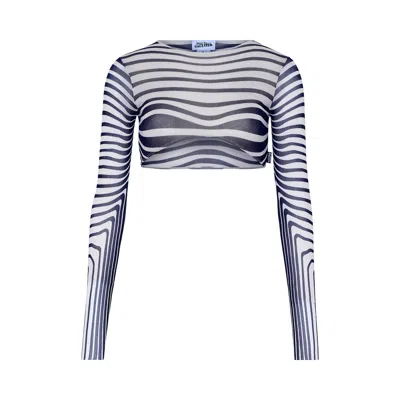 Pre-owned Jean Paul Gaultier Re-edition Long-sleeve Crew Neck Cropped Top "morphing Stripes" 'ecru/navy' | Whi In White