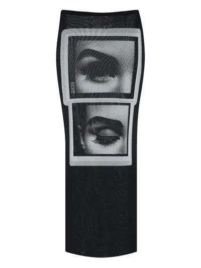 Jean Paul Gaultier Re-edition: Mesh Long Skirt Printed "eyes And Lips In Black
