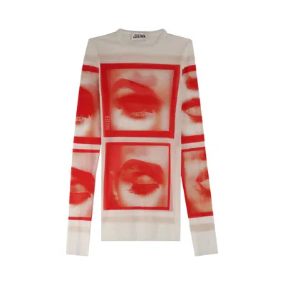 Pre-owned Jean Paul Gaultier Re-edition Mesh Longsleeve Top Printed Eyes And Lips 'white/red/light Orange' | W