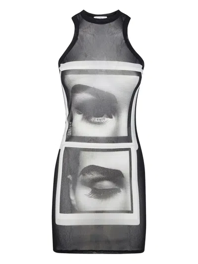 Jean Paul Gaultier Re-edition: Mesh Tanktop Short Dress Printed "eyes In Black