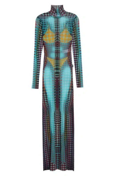 Jean Paul Gaultier High Neck Multicolored Polka Dot Maxi Dress In Blue