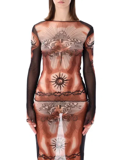 Jean Paul Gaultier Re-edition Safe Sex Tattoo Tulle Top In Multi