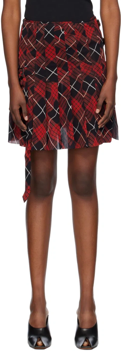 JEAN PAUL GAULTIER RED & BLACK DISTORTED TARTAN MIDI SKIRT