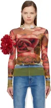 Jean Paul Gaultier Rose Printed Mesh Long Sleeve Top In Multi