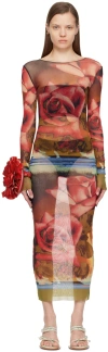 Jean Paul Gaultier Rose-print Mesh Midi Dress In 403050 Green/red/blu