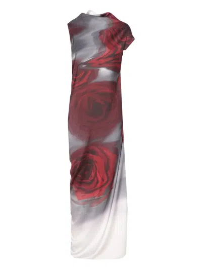 JEAN PAUL GAULTIER RED BLURRY ROSES ASYMMETRICAL DRESS