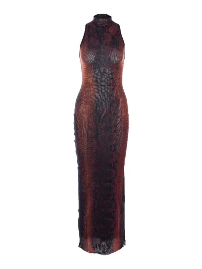Jean Paul Gaultier High-neck Midi Dress With Snake Print In Silk And Nylon In Brown