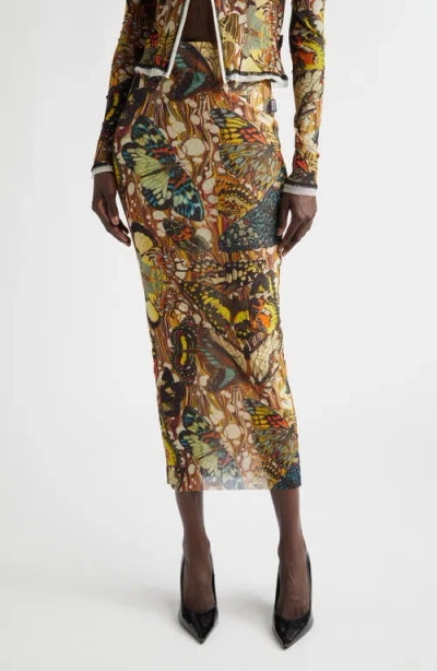Jean Paul Gaultier Re-edition Butterfly Print Mesh Maxi Skirt In Multi