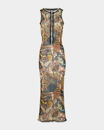 Jean Paul Gaultier Re-edition Butterfly-print Mesh Lace-up Maxi Dress In Multi
