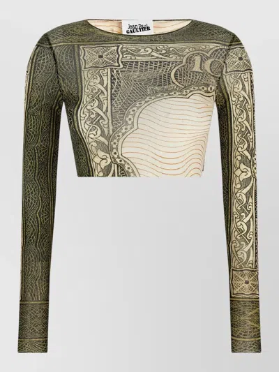 Jean Paul Gaultier Reedition Cartouche Graphic Sheer Cropped Top In Green