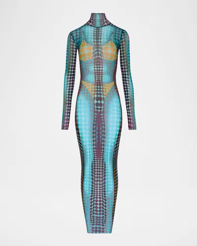 Jean Paul Gaultier High Neck Multicolored Polka Dot Maxi Dress In Blue