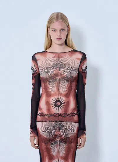 Jean Paul Gaultier Tattoo-inspired Sheer Long-sleeved Top With Bold Motifs In Brown