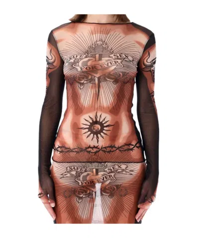 Jean Paul Gaultier Tattoo-inspired Sheer Long-sleeved Top With Bold Motifs In Brown