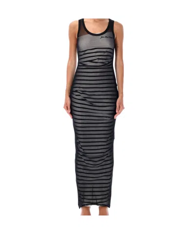 Jean Paul Gaultier Striped Printed Mesh Long Dress In Black