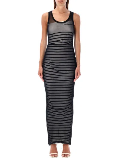 Jean Paul Gaultier Striped Printed Mesh Long Dress In Black