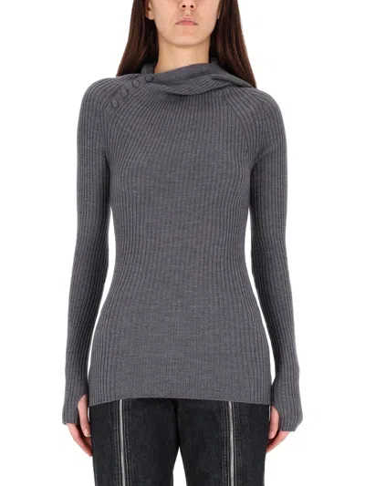 Jean Paul Gaultier Ribbed Wool Sweater With High Collar And Hood In Gray