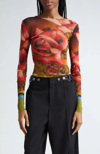 Jean Paul Gaultier Roses Print Mesh Long Sleeve Top In Green