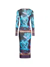 Jean Paul Gaultier Rose Printed Mesh Long Sleeve Dress In Blue