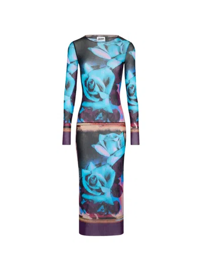 Jean Paul Gaultier Rose Printed Mesh Long Sleeve Dress In Blue