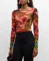 Jean Paul Gaultier Roses Print Mesh Long Sleeve Top In 403050-greenredblue