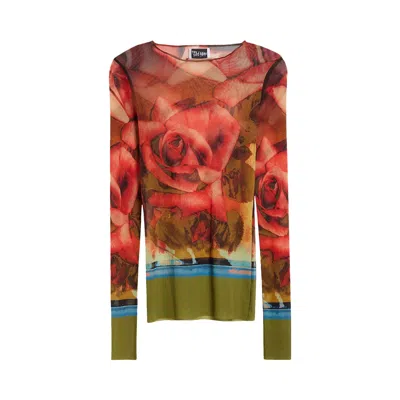 Pre-owned Jean Paul Gaultier Roses Mesh Long-sleeve Top 'green/red/blue'